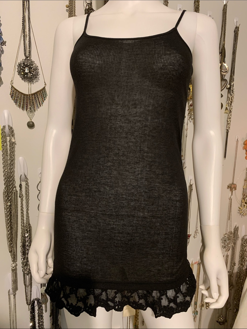 Umgee Black Ribbed Lace-Trim Tank Dress